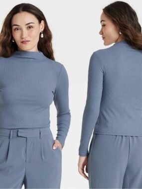 A New Day Women's Long Sleeve Mock Turtleneck T-Shirt Blue Size XL